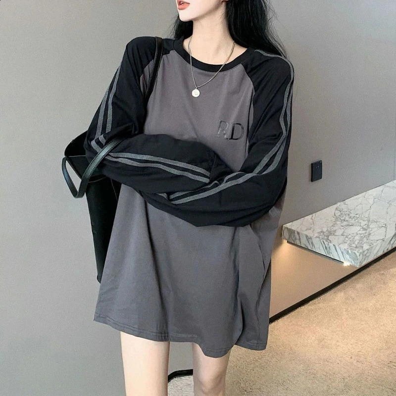 MEXZT Streetwear womens striped patch work too large Pullover Korean Harajuku letter printing loose casual hooded top 240827