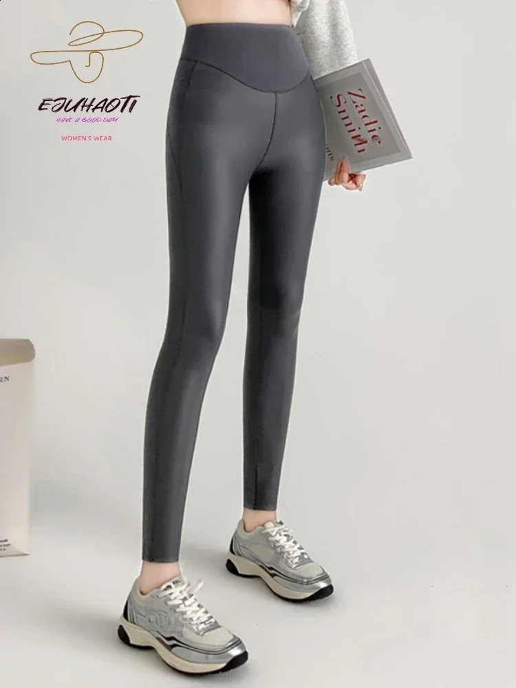 Womens PU leather wool sexy legs autumn tight elastic pants high elasticity waist splicing fitness Trouser 240827