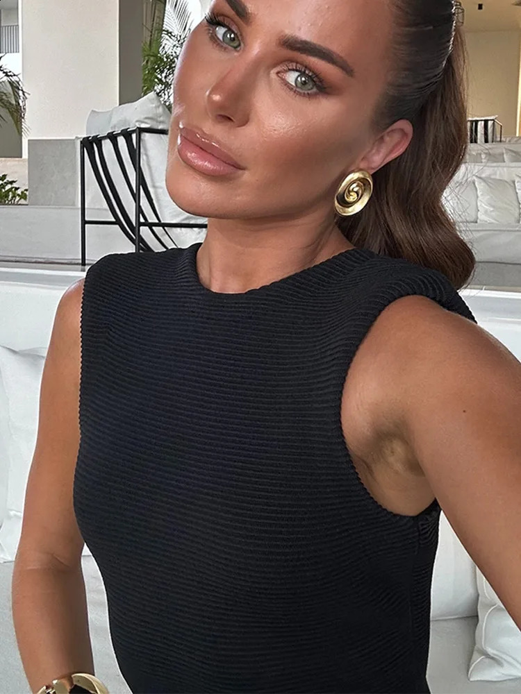 Fashion Tassels Patchwork Women Knit Midi Dress Elegant O-neck Sleveless Backless Zipper Bodycon Dresses Lady High Street Robes 240828