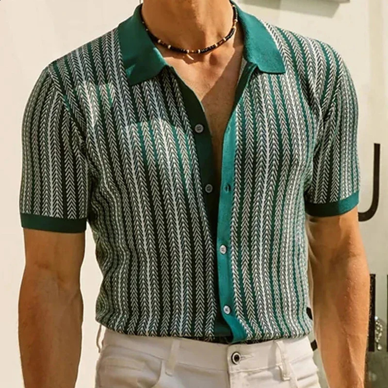 Summer Mens Stripe Printed Knitted Shirts Pola Neck Short Sleeve Button-down T-Shirts for Men Vintage Business Knitwear 240828