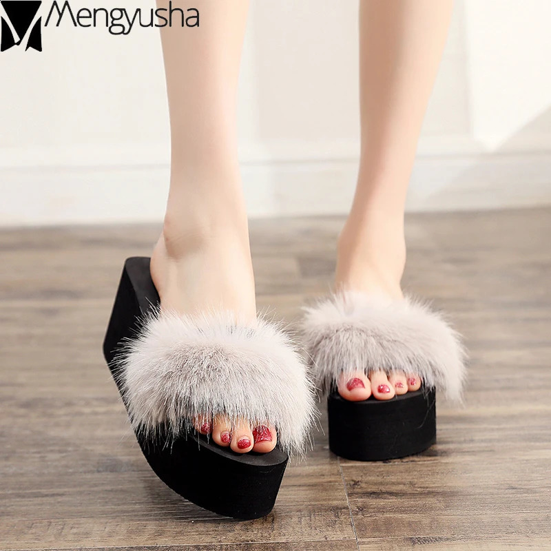 Korean real fox fur slider summer platform shoes wedge-shaped thick sole mixed color slider high heels for women flip casual shoes 240827