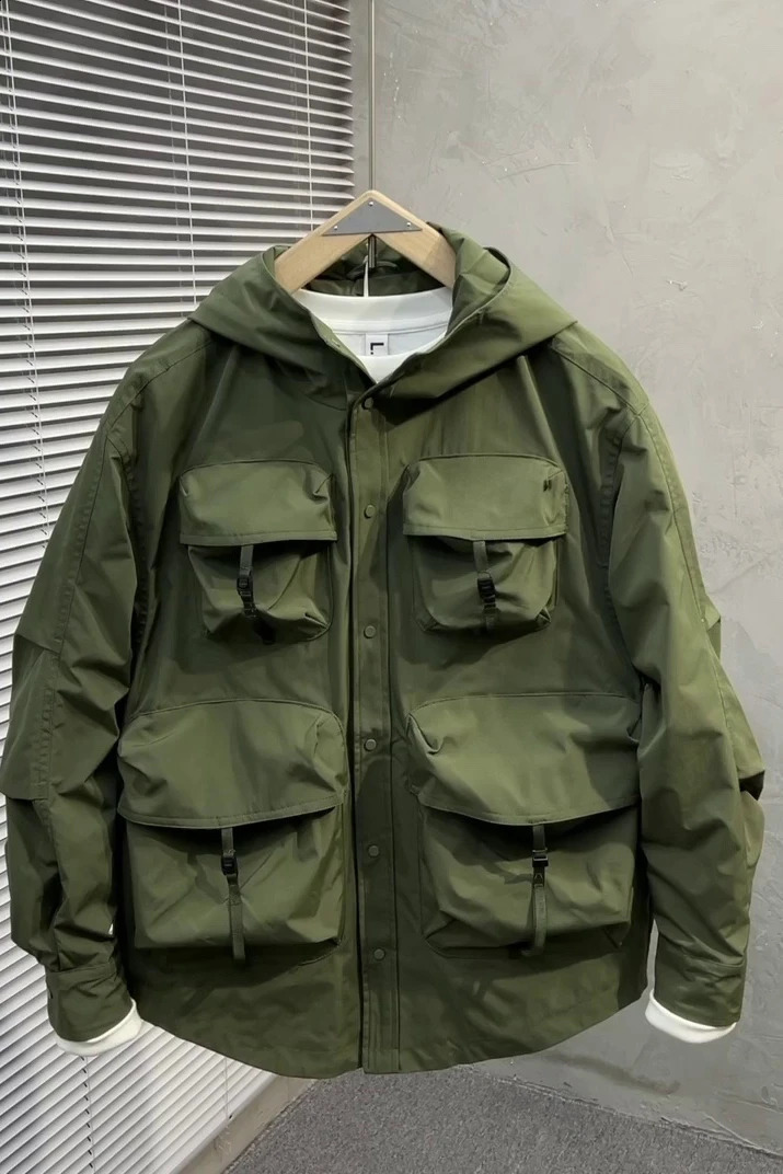Mountain Series Outdoor Multi-Pocket Hooded Cargo Jackets Japanese Streetwear Waterproof Coat Harajuku Casual Tops Men I02 240828