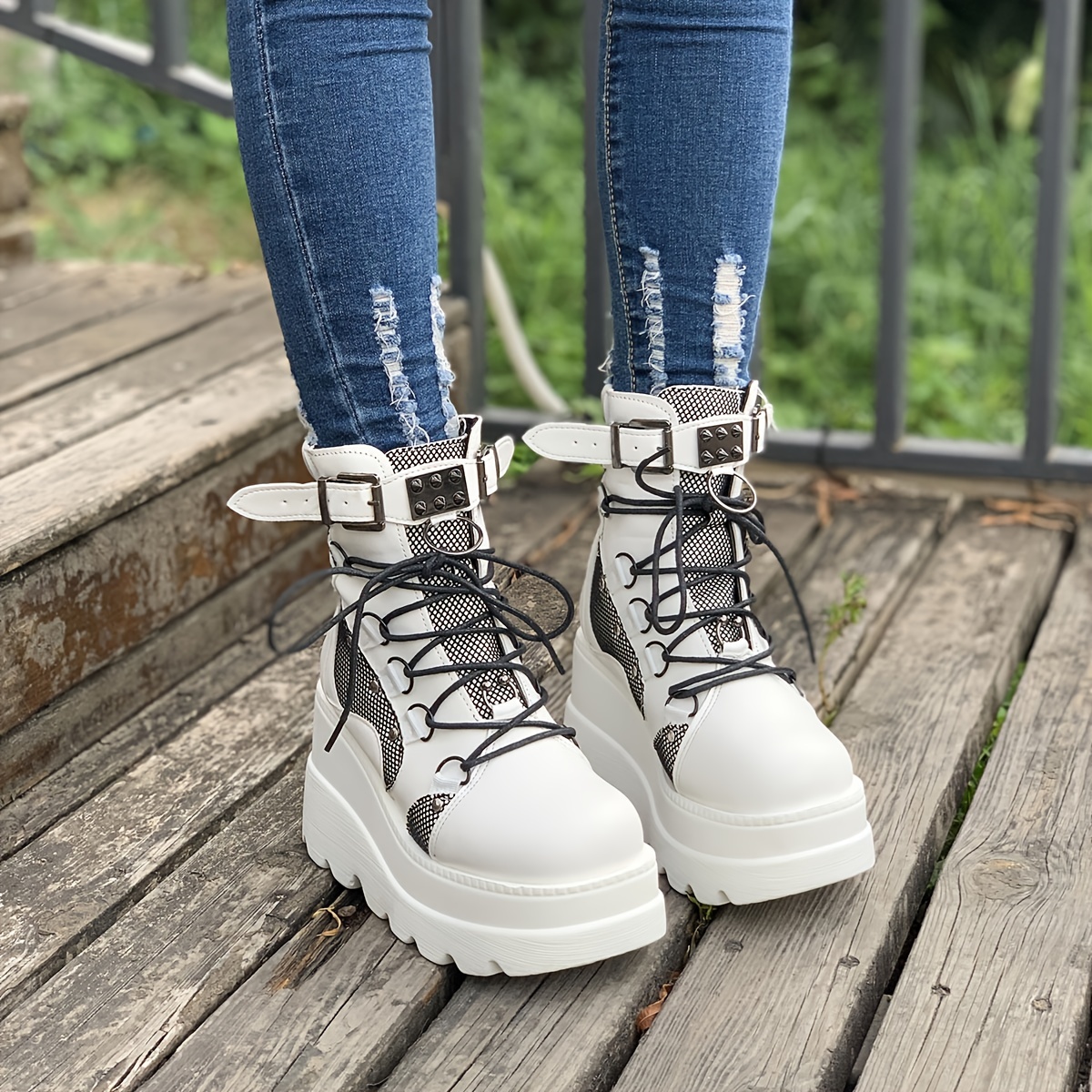 Punk Style Women's Ankle Boots with Studded Buckle Decor and Wedge Heel