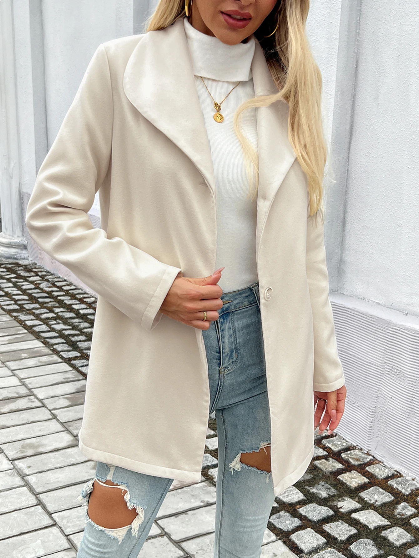 Womens fashionable single chest long wool almond coat autumn and winter womens casual long sleeved trench coat 240828