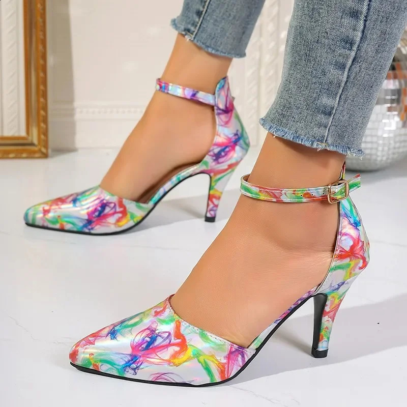 Womens shoes fashion ankle strap womens pump spring point toe light mixed color button dress slim high heels or thin high heels 240827