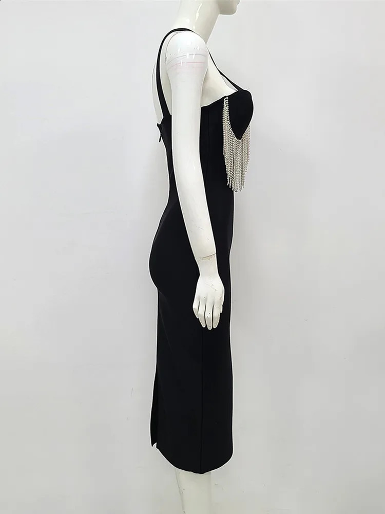Women Summer Sexy Key Hole Diamonds Tassel Crystal Midi Black Bodycon Bandage Dress Elegant Evening Party Dress Vestido 240828
