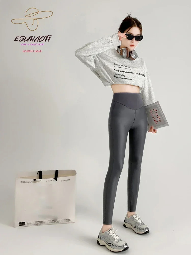 Womens PU leather wool sexy legs autumn tight elastic pants high elasticity waist splicing fitness Trouser 240827