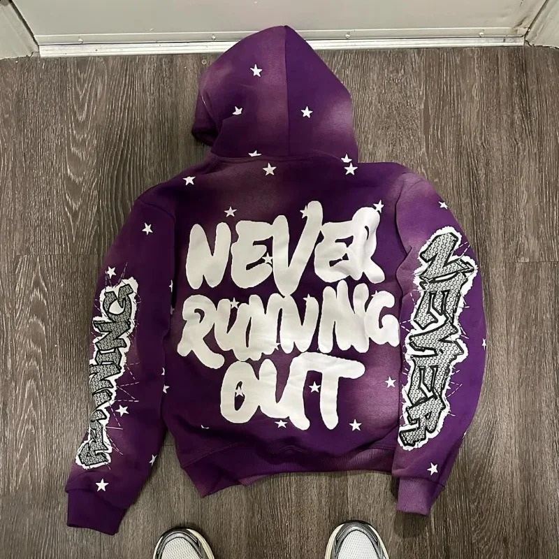 Geometric letter stars all over printed purple oversized baggy hoodies men y2k high street hip-hop fashion rock pop sweatshirts 240829