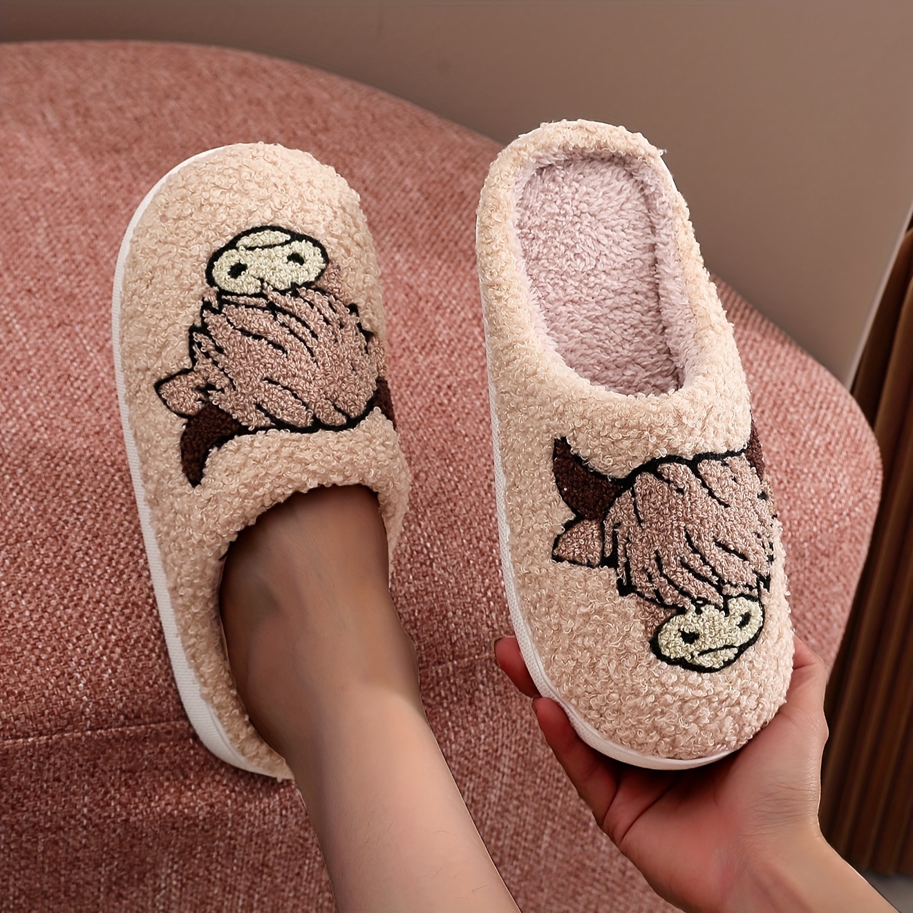 Cute Cartoon Cow Pattern Plush Lined Slip-On Slippers - Ultra Soft Fabric Upper, Comfortable Indoor Shoes with TPR Sole, Tribal Style Design - All-Sea