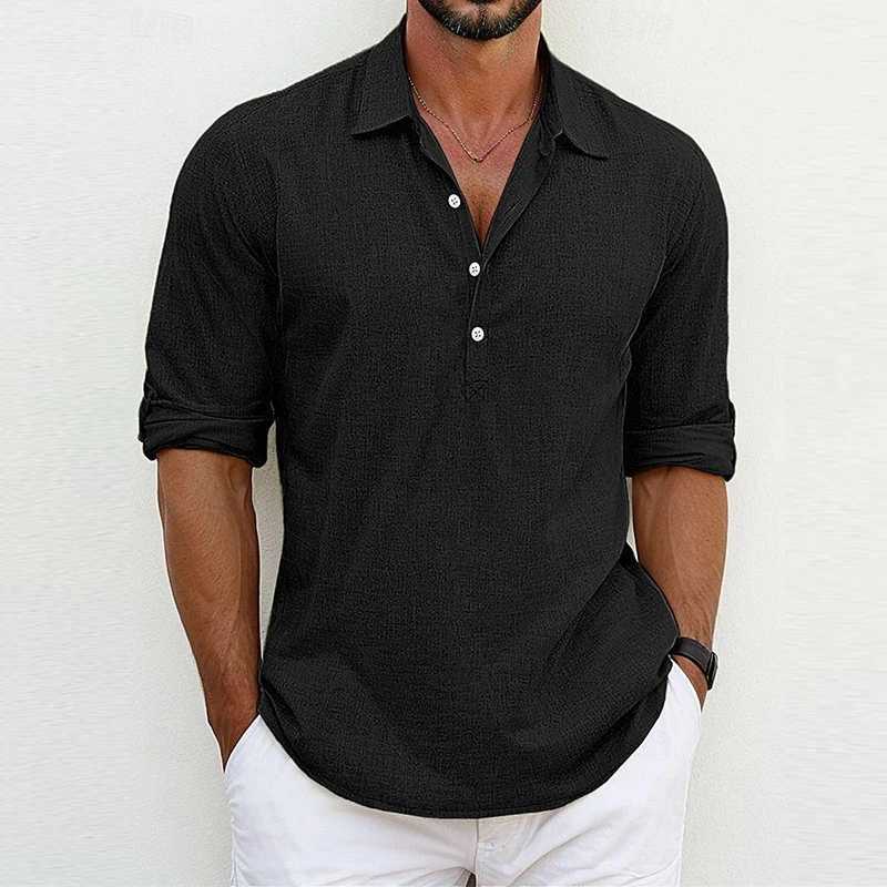Summer Casual Pure Color Polo Shirt Men Leisure Breathable Loose Cotton Linen Top Mens Long Sleeve Button Lapel Pullover ShirtsXJ240828