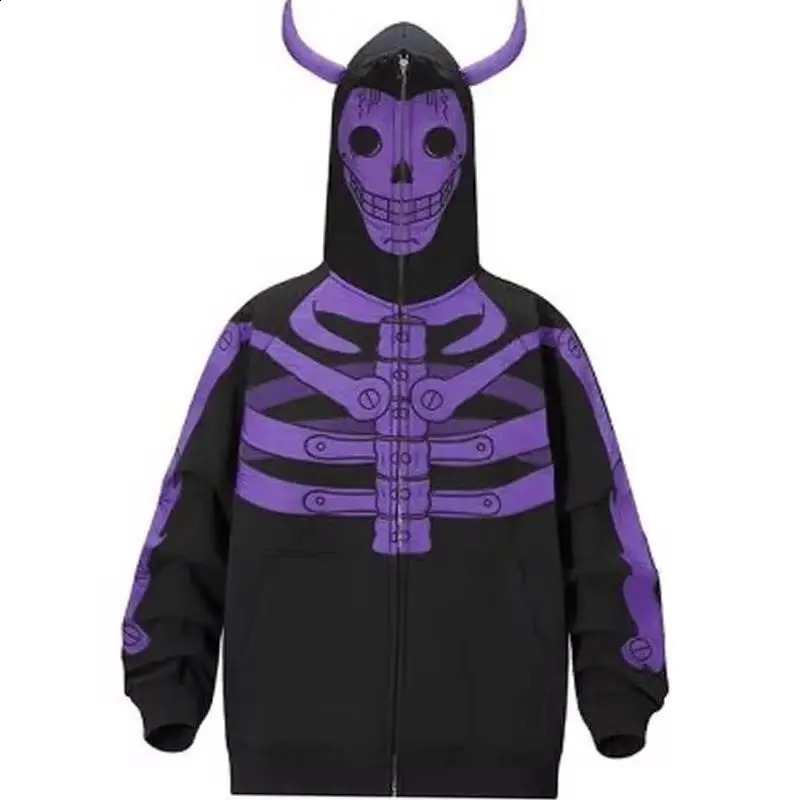 Unisex Men Women Halloween Hoodie Graphic Zip Up Sweatshirt Y2K Oversized Long Sleeve Rhinestone Skeleton Jacket 240828