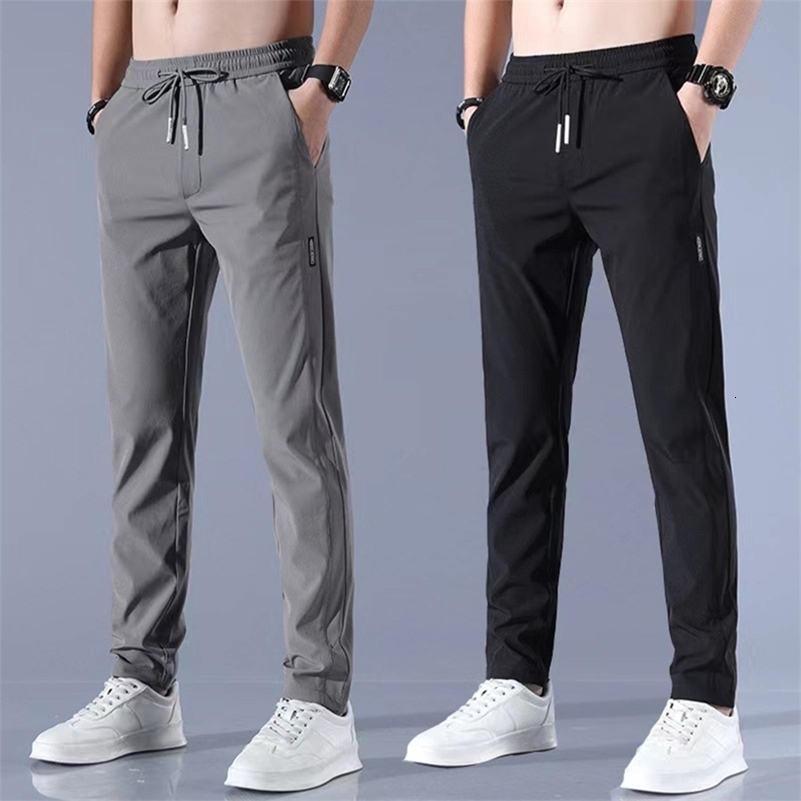 Mens Ice Silk Mens Solid Color Medium Waist Loose Breathable Straight Leg Casual Pants Thin Quick Drying Sport with Pocket 240828
