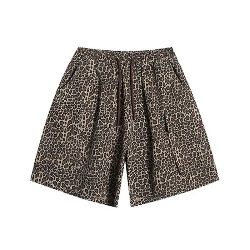 Deeptown vintage leopard print cargo shorts Haruku Y2k oversized sports jogging Trouser streetwear wide leg bag summer 240829