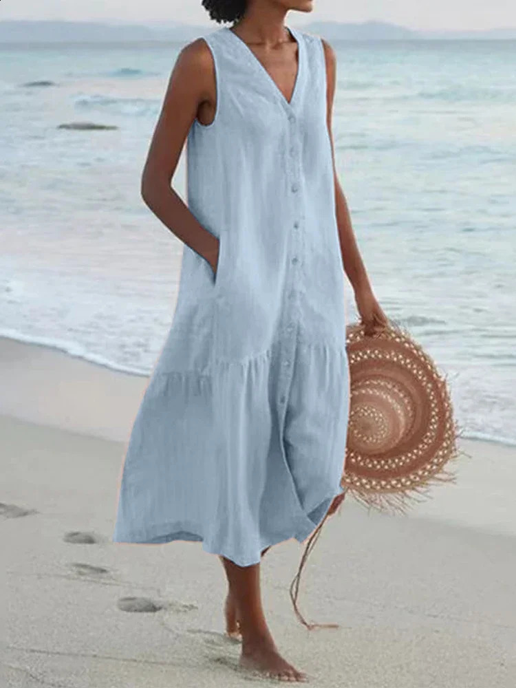 Summer Loose Casual Patchwork Cotton Linen Pocktes Dress V Neck Beach Style Dress Sleeveless Vintage Club Midi Solid Women Dress 240828