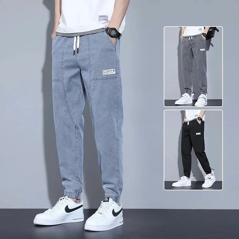 Mens loose long leg label fashionable cut jeans letter printing drawstring denim cargo pants 240829