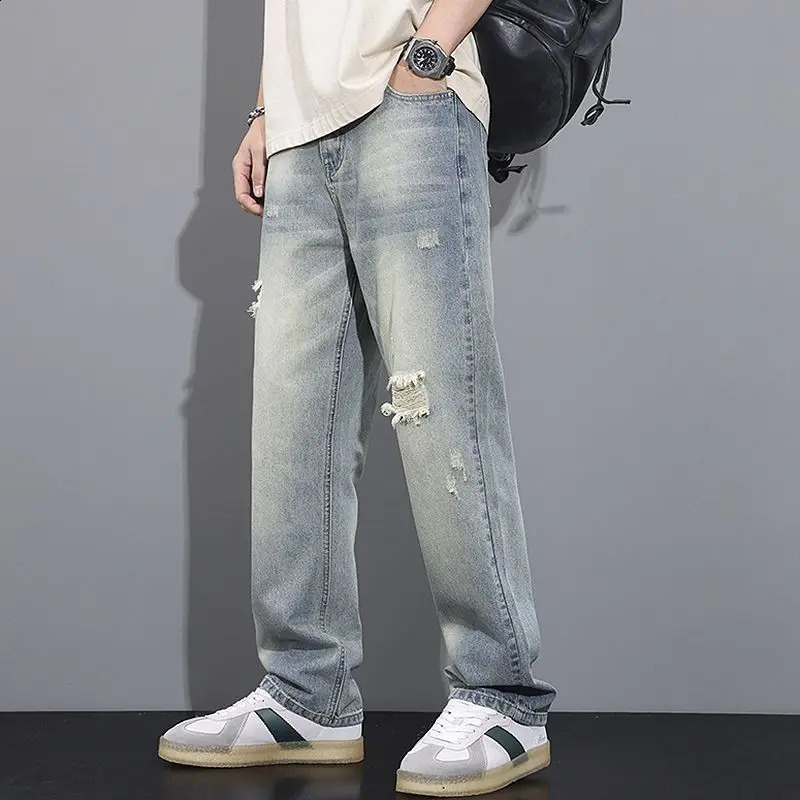 Summer High Street American Vintage Distressed Jeans Mens Button Zipper Pocket Fashionable Loose Casual Wide Leg Straight Pants 240829
