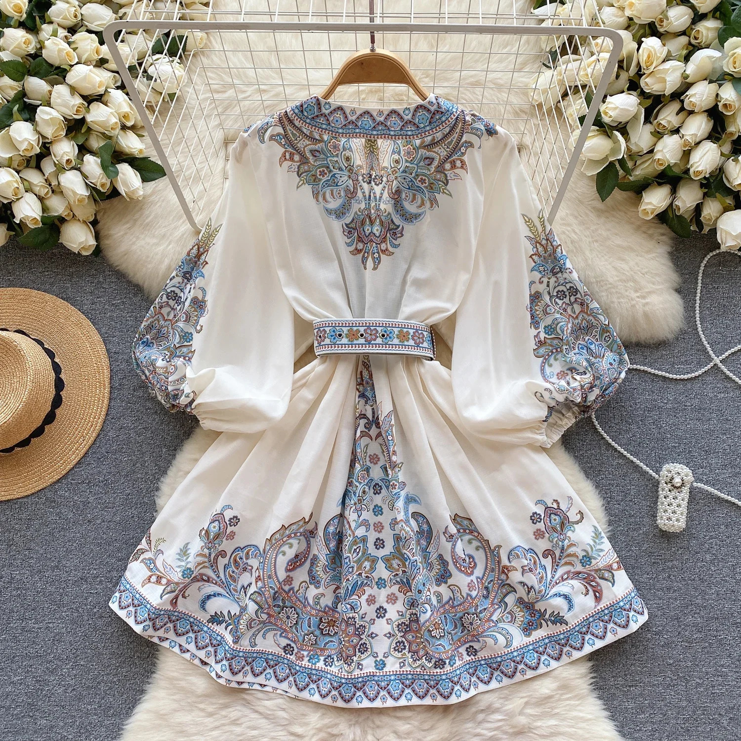 French printed Vtie with puff sleeves long sleeved single chest dress Aline casual womens clothing autumn and spring Vestido 240828