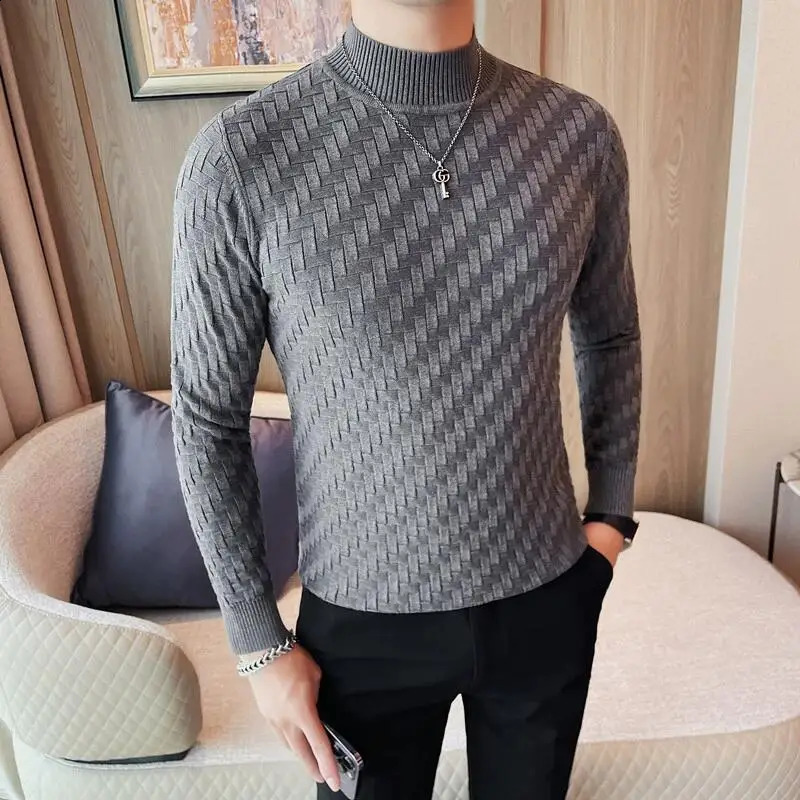 Mens Autumn Half High Collar Jacquard Knitted Sweater Long Sleeve Slim Knitted Sweater Puller 4XL-M Mens 240829