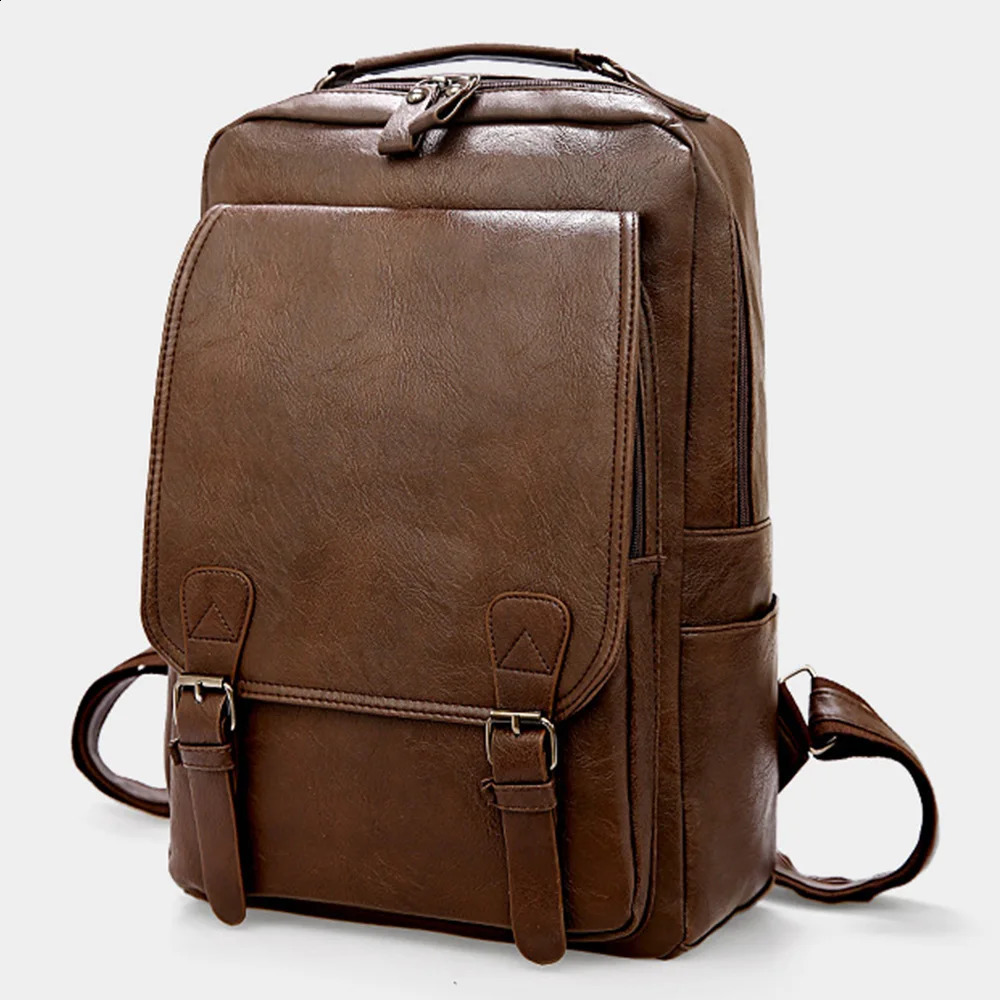 Large Capacity Laptop Backpack Men Casual Fashion Bags For Men Retro Zipper PU Leather Backpacks Male Travel Waterproof Bag Man 240829