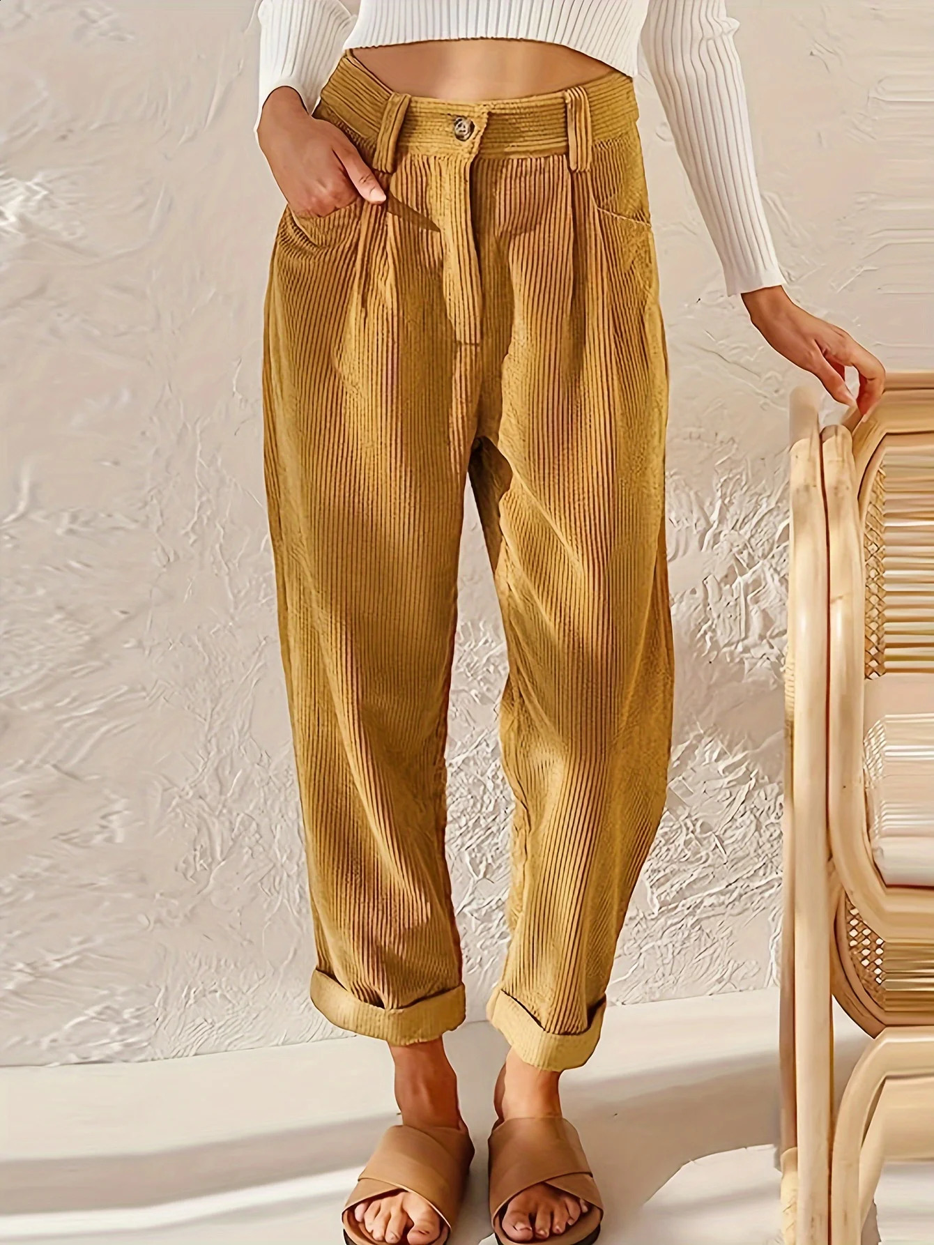 Corduroy High Waist Pants Elegant Dual Pockets Pants For Spring Fall Womens Clothi 240829