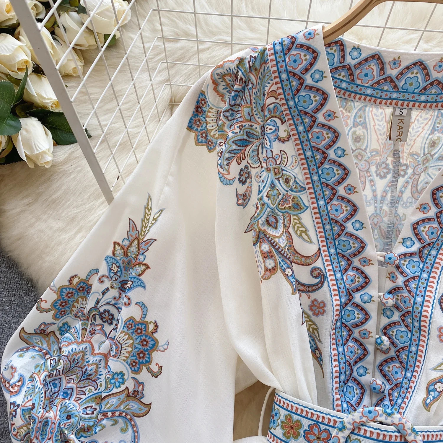 French printed Vtie with puff sleeves long sleeved single chest dress Aline casual womens clothing autumn and spring Vestido 240828