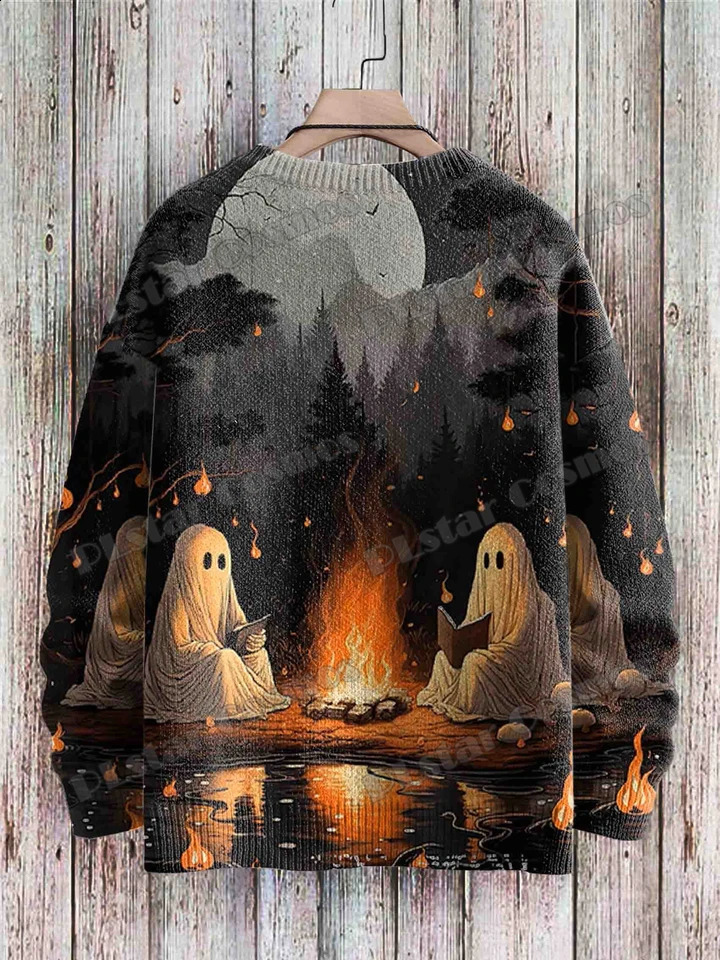 Halloween witch and ghost retro art pattern 3D printing mens knitted floral winter unisex casual knitted floral sweater ZZM127 240829