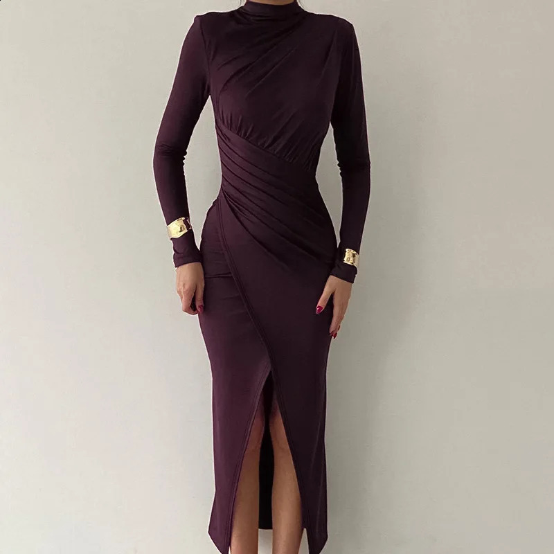 Elegant Tight Cocktail Party Dress Womens Solid High Resolution Long Autumn Half Neck Formal Occasion 240828