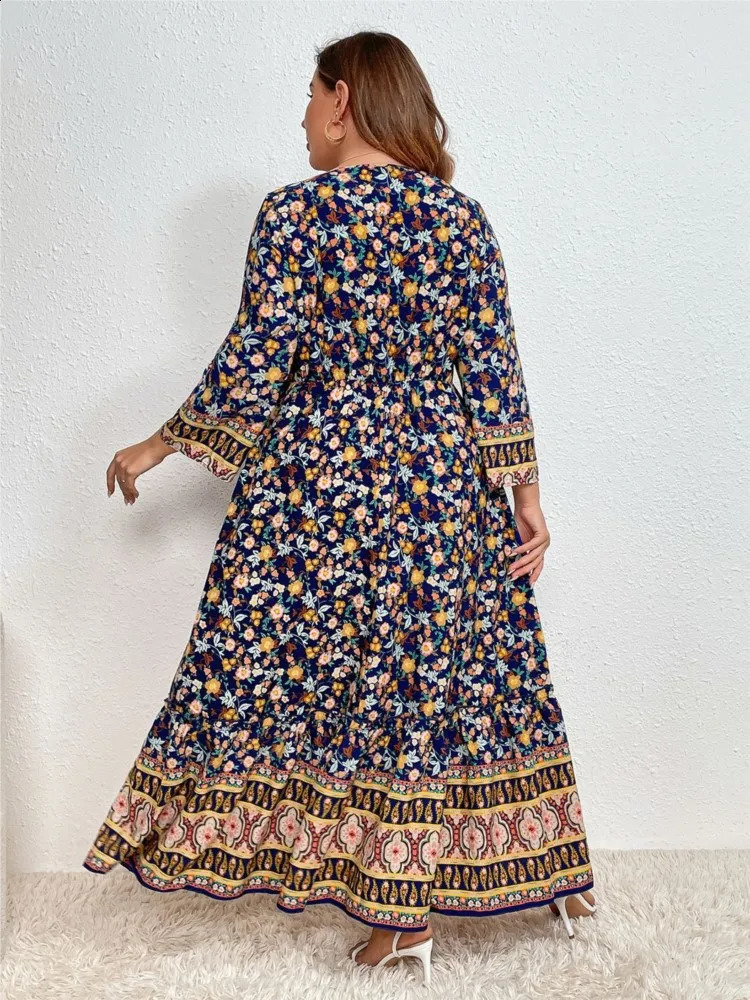Plus size summer long floral dress for women with stripes and printed sleeves casual loose fashionable womens 240828