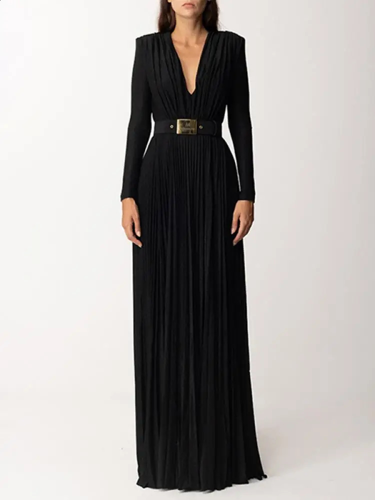Fashion V-neck Long Sleeves Dress Spring Solid Color Evening Dresses for Women Belted Pleated Split-side Maxi Dress