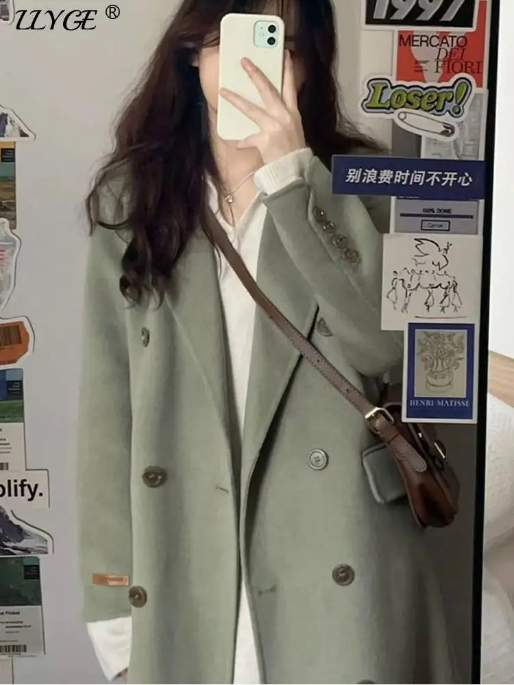 Womens long wool windproof coat Korean loose and fashionable single breasted lapel coat womens autumn warm womens coat 240828