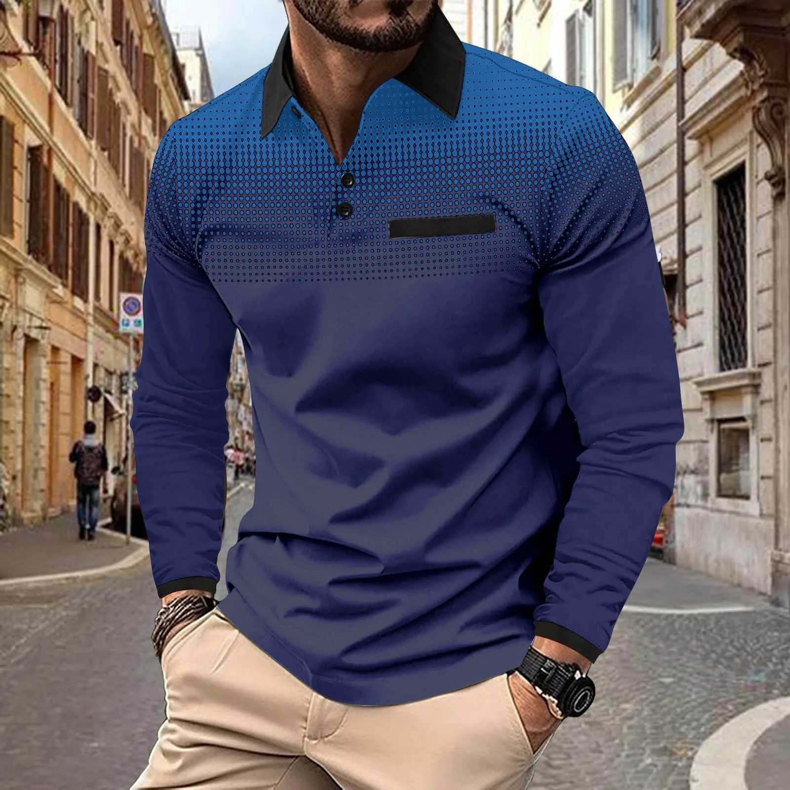 New spring/summer mens casual gradient color digital printing polka dot lapel button sport long Sve top W241106