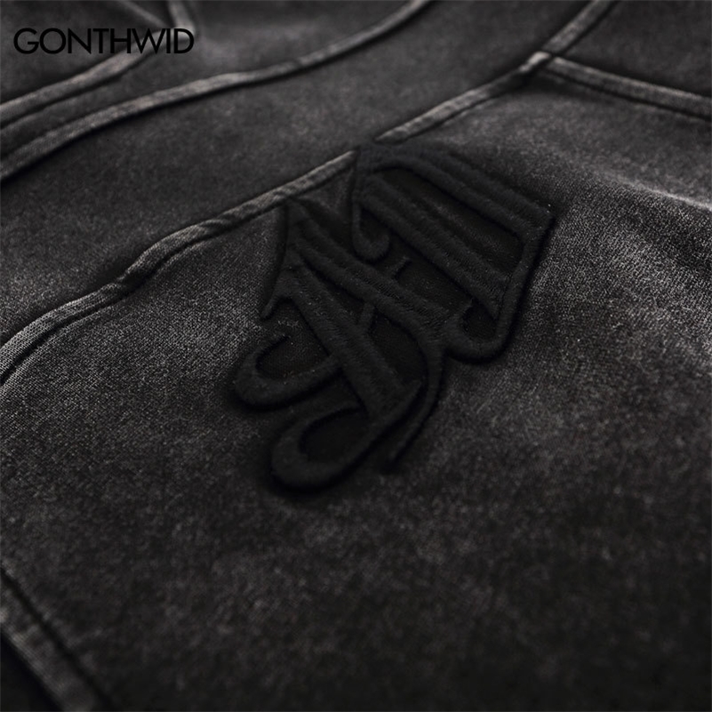 Hip Hop Streetwear Retro Vintage Washed Black Hoodie Sweatshirt Men Embroidery Letter Hoodie Harajuku Hooded Pullover Y2K 240828