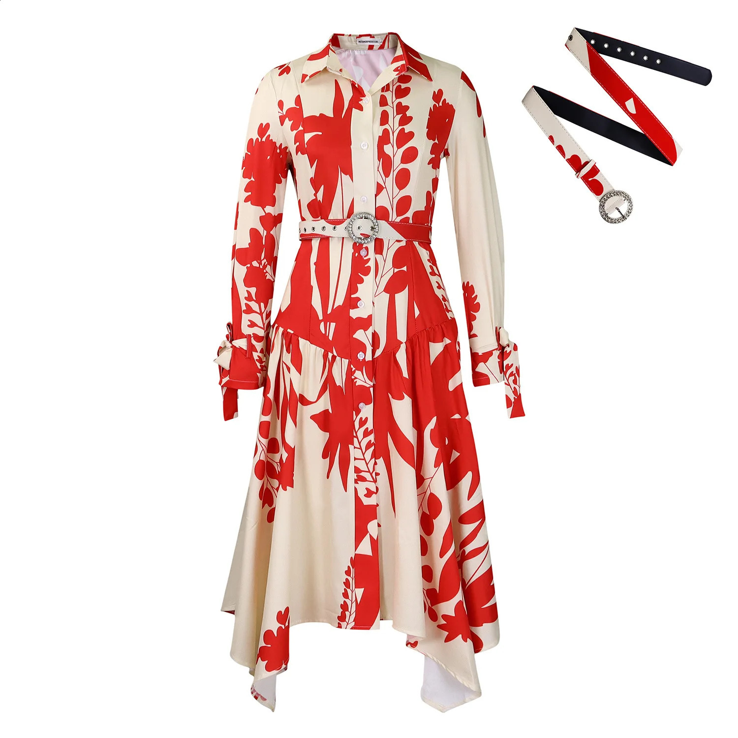 Long sleeved printed collar irregular loose long style with ALine fashionable and warm womens skirt 240828