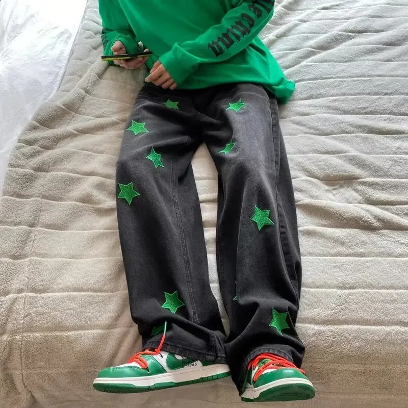 Fashionable retro washed green star embroidered full letter jeans American style straight leg casual pants 240829