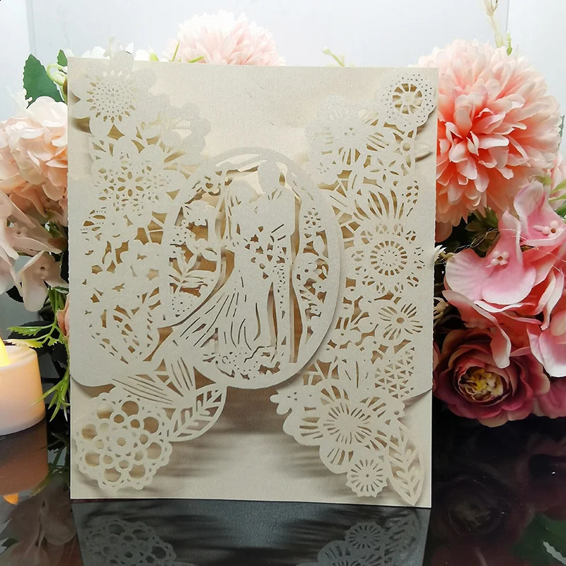 50pcs Wedding Invitations Card Bride Groom Flowers Pocket Invitation Greeting Card Wedding Mariage Party Supplies Decorations 240829