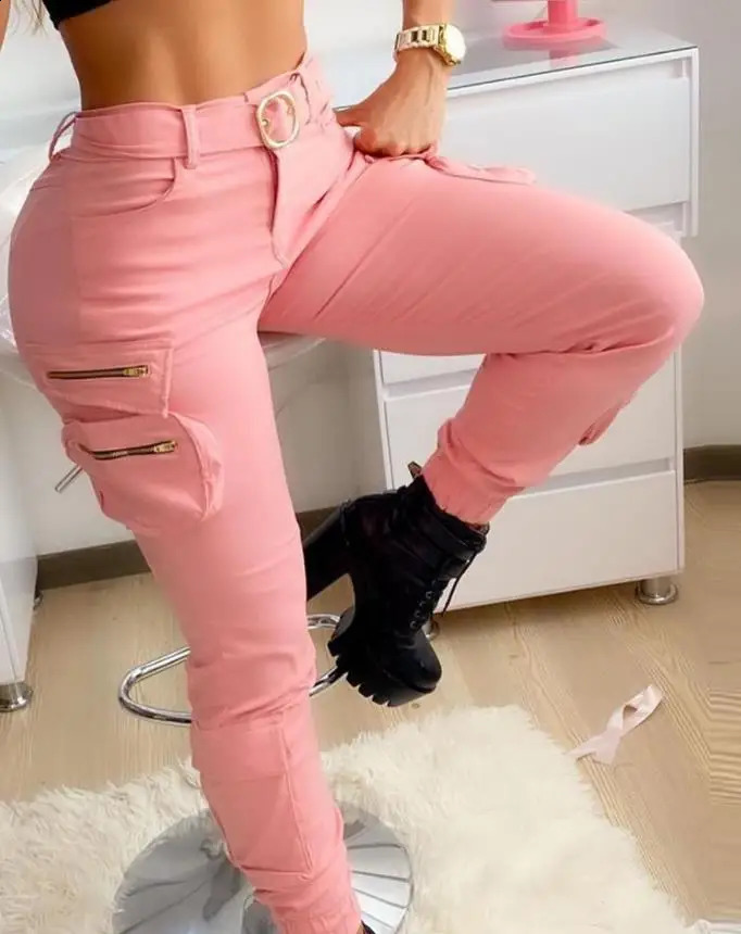 Pink womens cargo pants summer solid color zipper pocket n high waisted work clothes 240829