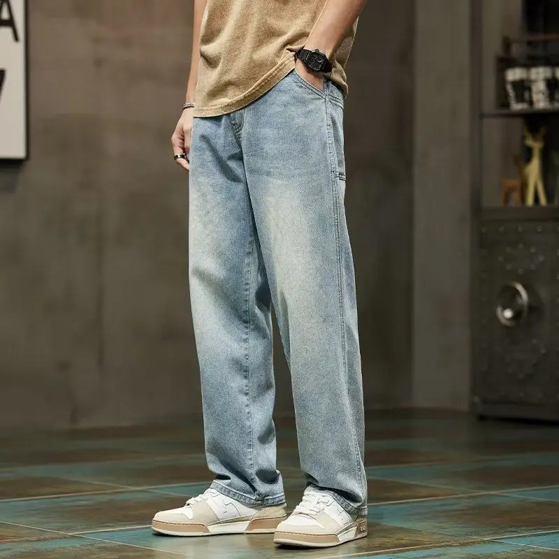 American retro hip-hop street summer jeans mens solid button zipper pocket fashionable casual loose denim straight pants 240829