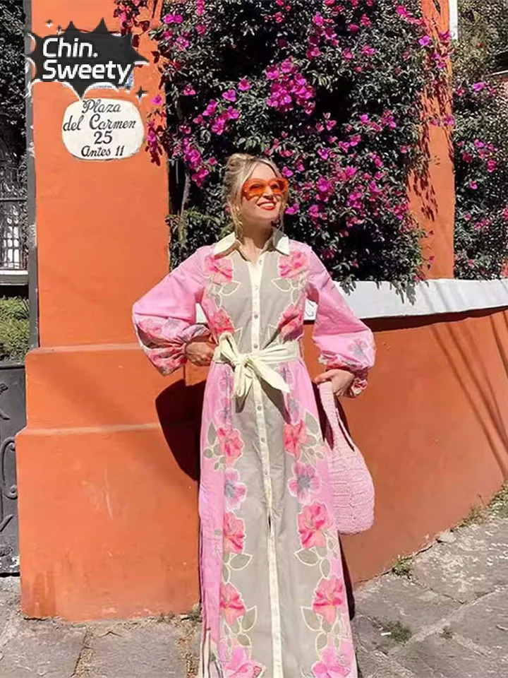 Womens contrasting printed shirt dress casual lapel single chest long sleeved split style womens fashionable robe 240828