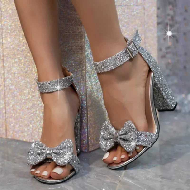 High Quality Women Fashion Shiny Crystal Bowknot Pumps Summer New Thick Heels Party Shoes Woman Gold Sequin Pointed Toe Pumps Sandals T241227