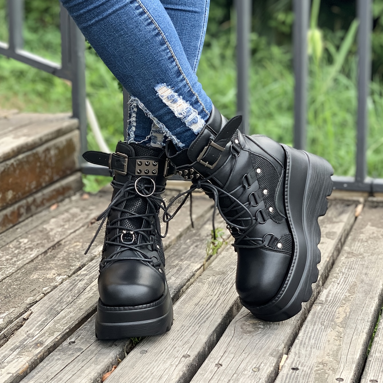 Punk Style Women's Ankle Boots with Studded Buckle Decor and Wedge Heel