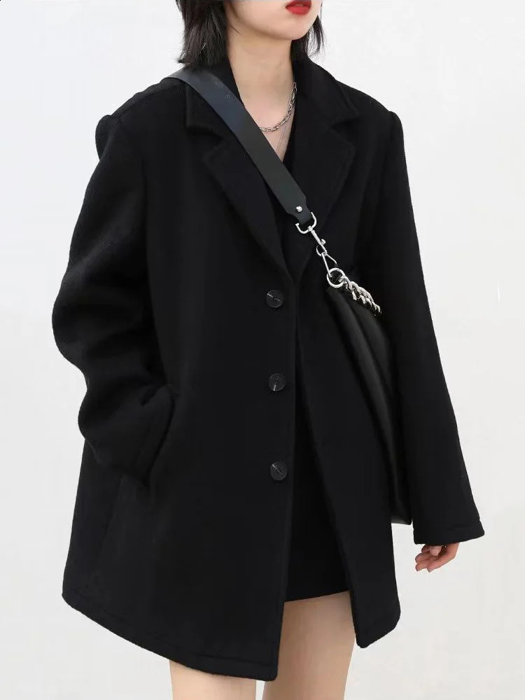 Korean Warm Medium length Wool Set Coat Thick V-neck Womens Loose Park Winter Single breasted Wool Blended Jacket Casaco 240828