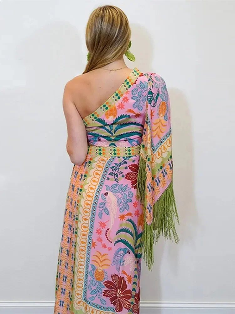 Diagonal Shoulder Tassel Midi Dress Women Chic Waist Hollow Out Asymmetric Irregular Hem Dress Summer Party Evening Vestido 240828