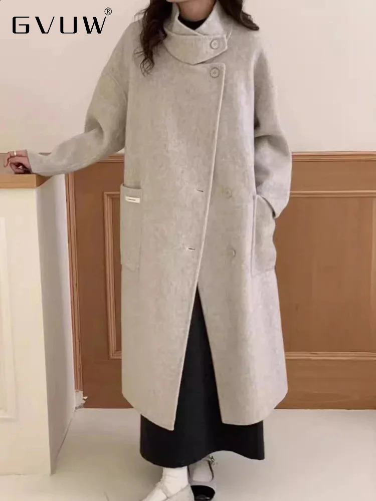 GVUW Minimalist Wool Coat Womens Stand up Collar Single Chest Solid Color Full Sleeve Pocket Long Coat 17G7994 240828
