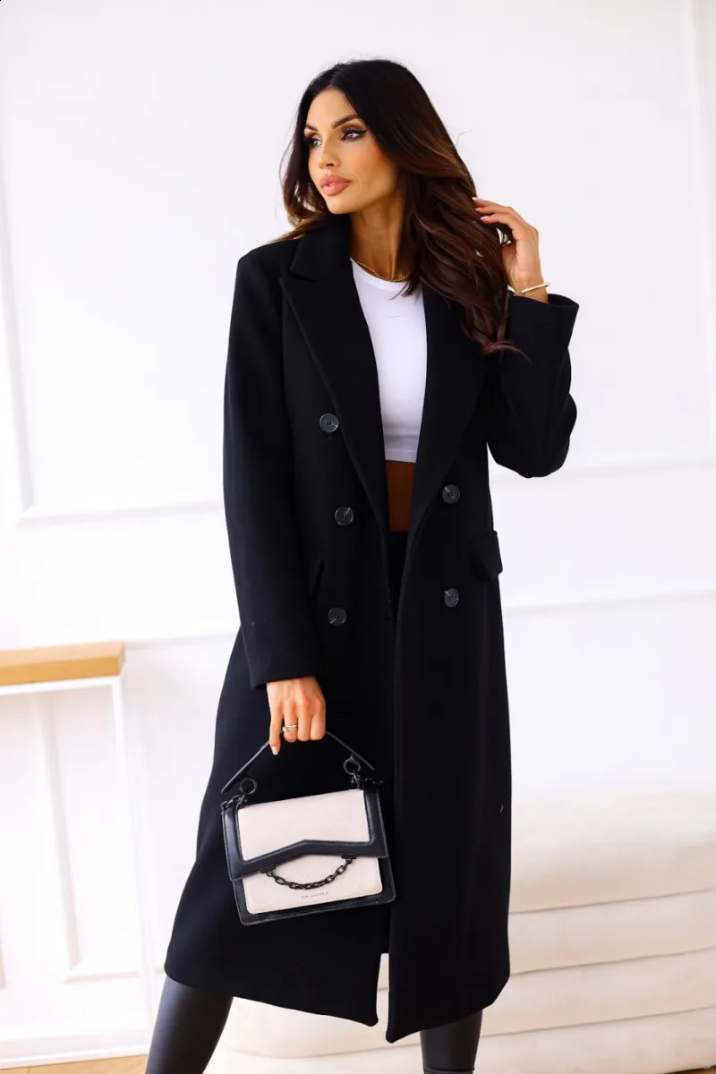 Womens clothing autumn and winter item simple double-layer long sleeved lapel button wool coat 240828