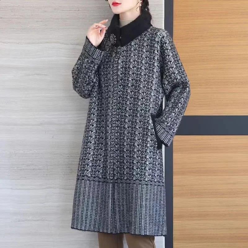 Autumn and winter mink jacket womens high-end plus size 6XL wool coat middle-aged and elderly mother collar jacket womens fashionable top 240828