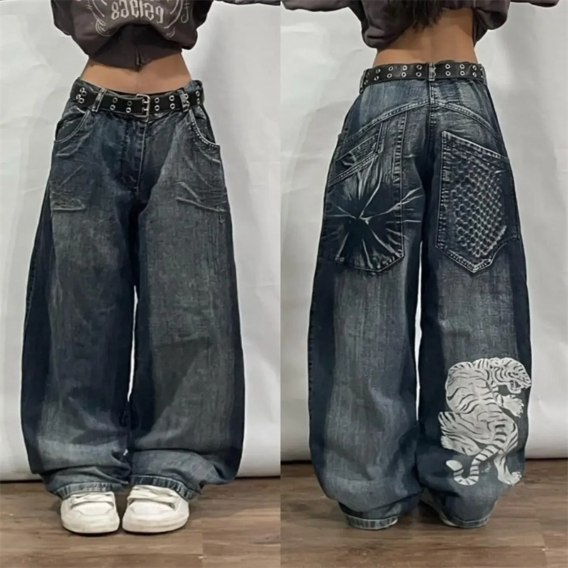 Harajuku Retro Big Tiger Head Embroidered Baggy Jeans Y2K Street Fashion Hip Hop Gothic Casual Joker Wideleg Pants y240828