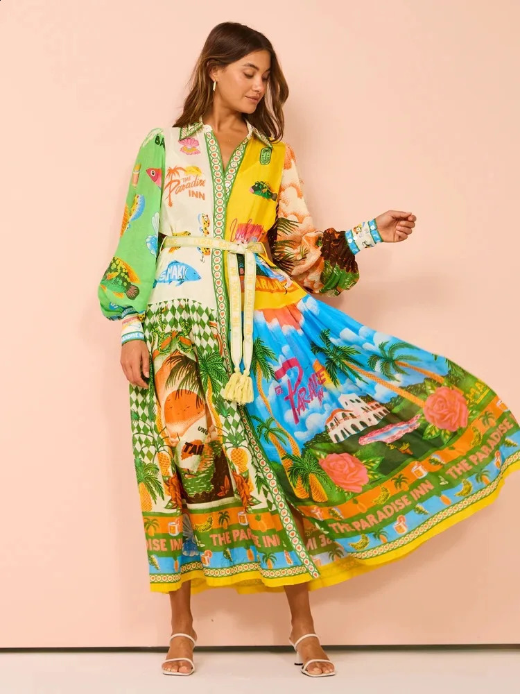 Single Chest Long Lantern Sleeve Graffiti Printed Tie Waist Dress Pleated Square Necklace Sleeves Mid