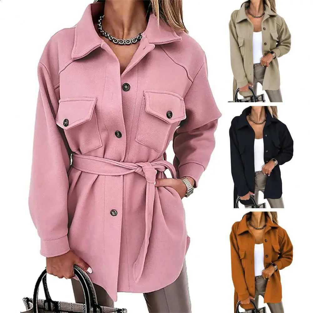 Womens coat autumn winter belt solid color wool coat button long sleeved thick warm womens jacket 240828