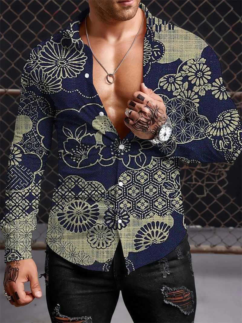 2023 Retro Mens Long Sleeve Shirt Pattern Polo Top Luxury Fashion Casual Apparel S-5XLXJ240828