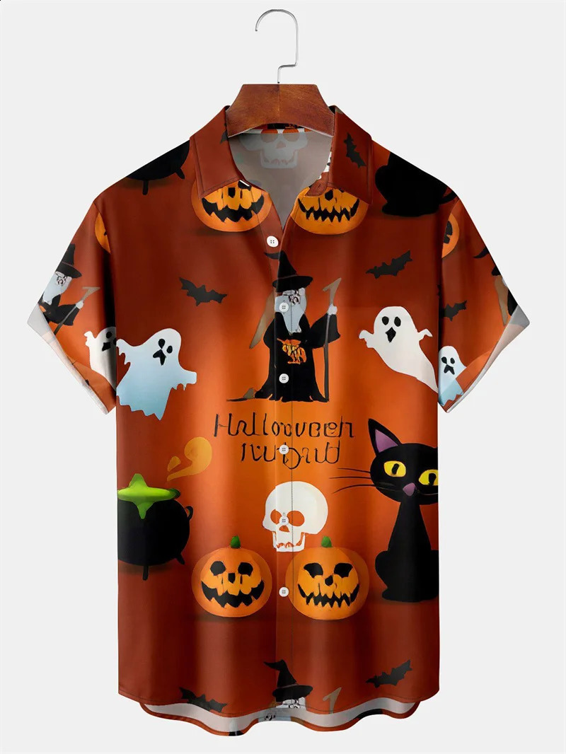 Mens Fashion Halloween Shirt Summer Cute Style Mens Clothing Party Holiday Mens Top Pumpkin Head Printed Mens Short sleeved Shirt 240829
